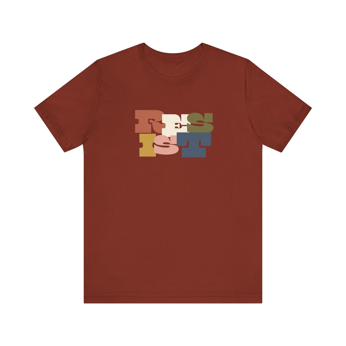 Rust t-shirt with colorful 'RESIST' graphic 