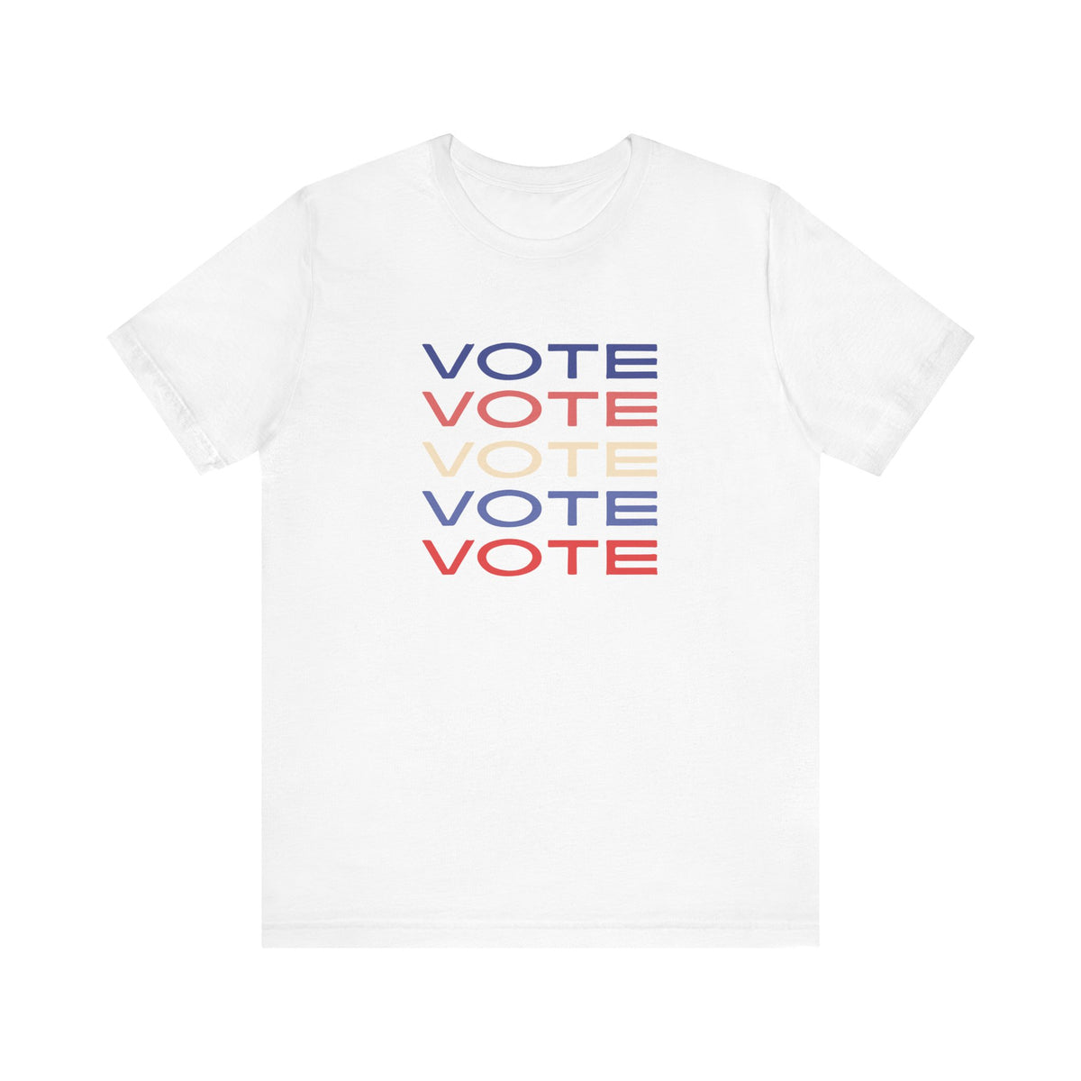 A white short-sleeve crewneck t-shirt featuring a stacked graphic print of the word 'VOTE' in blue, red, and cream on the chest.