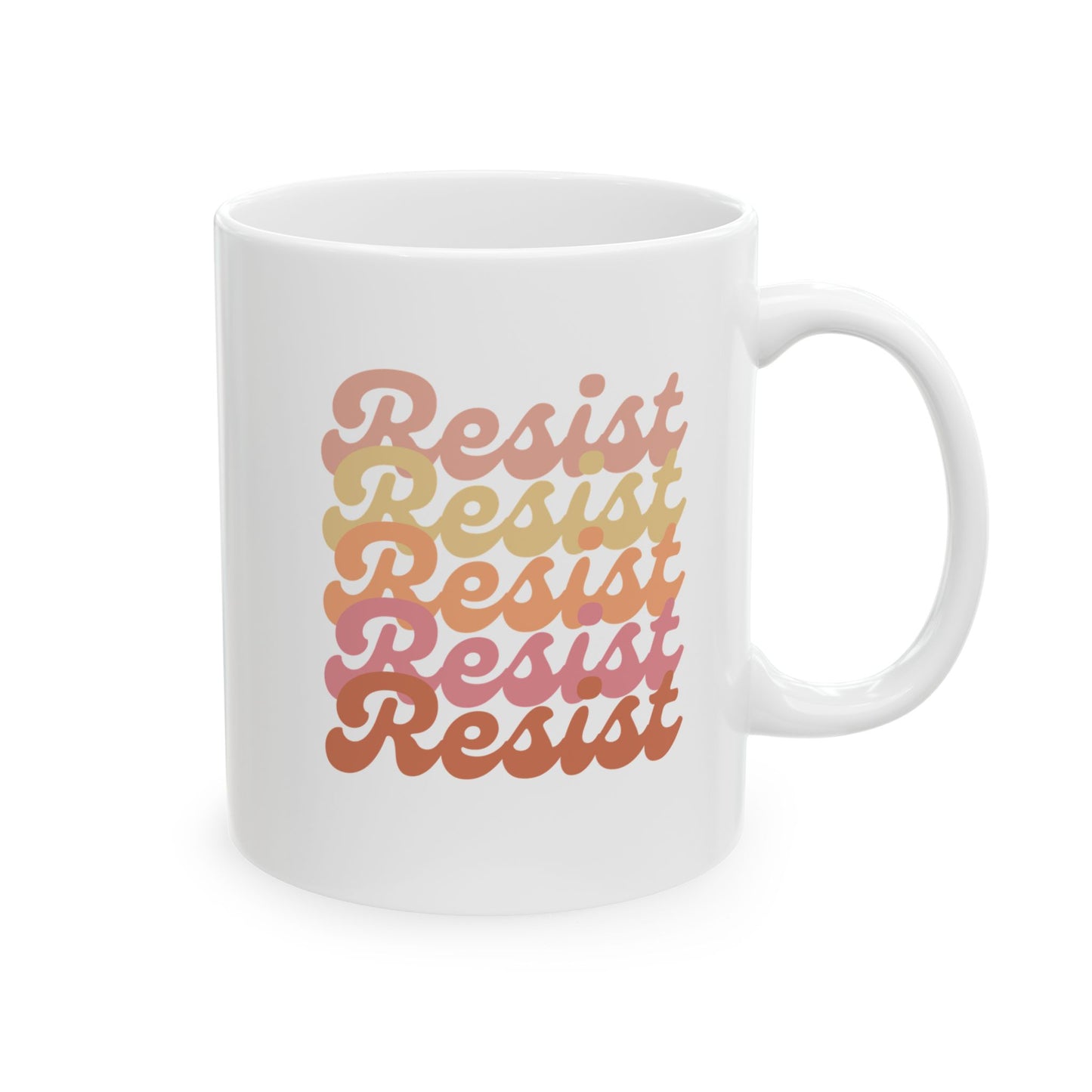 White ceramic 11 oz coffee or tea mug with 'Resist' text in gradient colors 