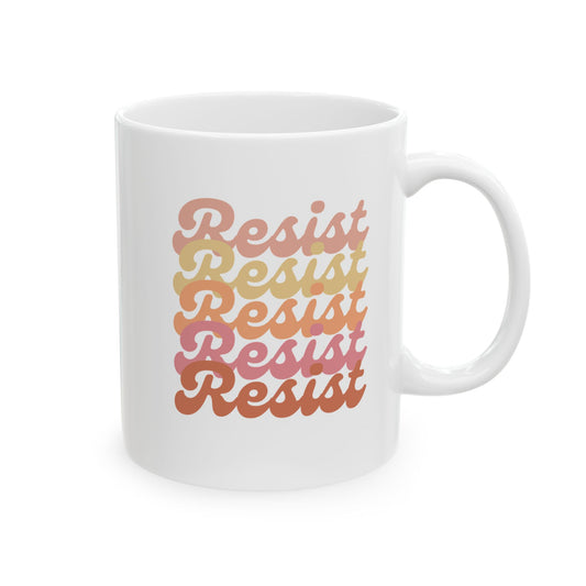 White ceramic 11 oz coffee or tea mug with 'Resist' text in gradient colors 
