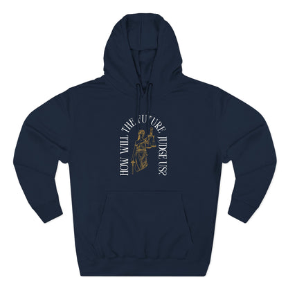 Navy blue hoodie with gold Lady Liberty sketch graphic and "how will the future judge us?" white text