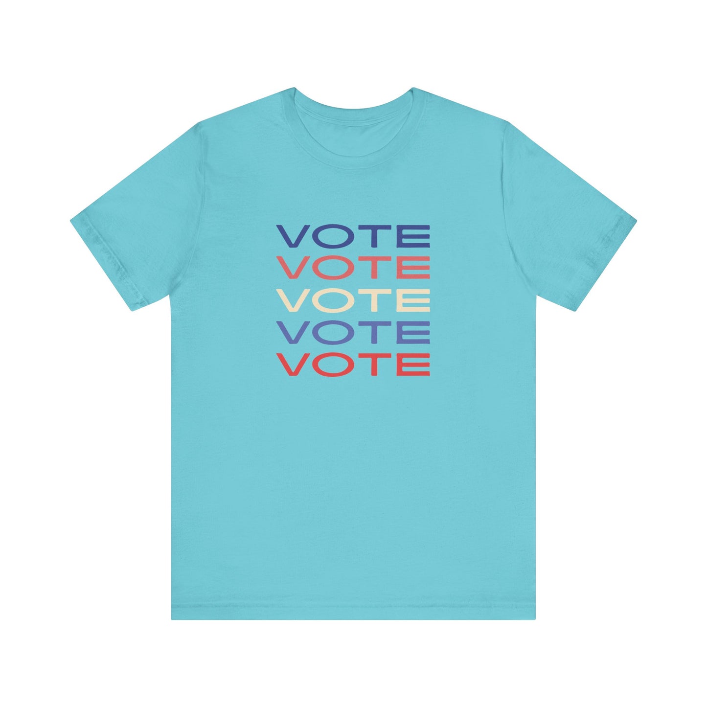 A turquoise short-sleeve crewneck t-shirt featuring a stacked graphic print of the word 'VOTE' in blue, red, and cream on the chest.