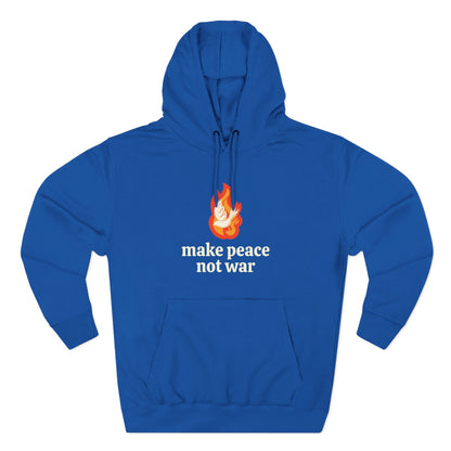 Royal blue hoodie with 'make peace not war' cream text and white dove over orange flame graphic 
