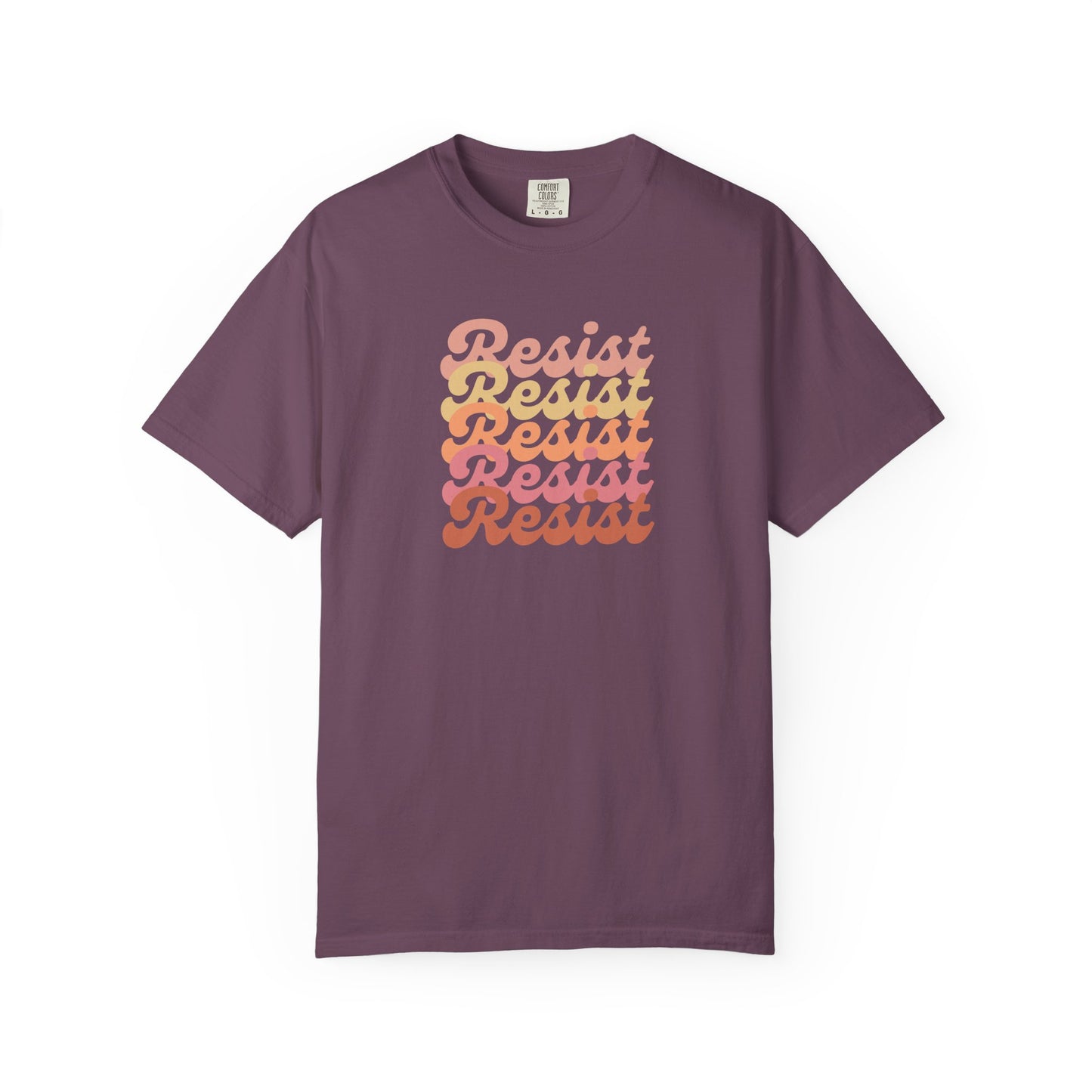 Plum purple unisex t-shirt with 'Resist' text in a gradient of colors