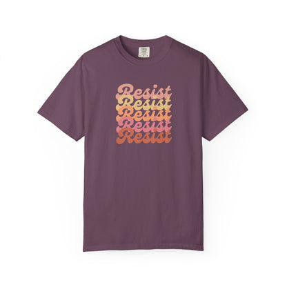 Plum purple unisex t-shirt with 'Resist' text in a gradient of colors