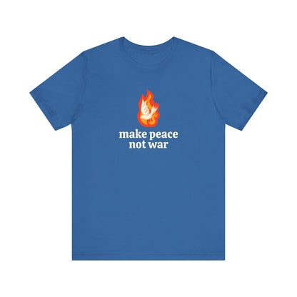 Carolina blue t-shirt with 'make peace not war' in cream and illustrated fire and dove graphic in orange and white