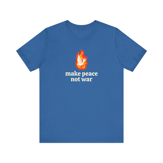 Carolina blue t-shirt with 'make peace not war' in cream and illustrated fire and dove graphic in orange and white