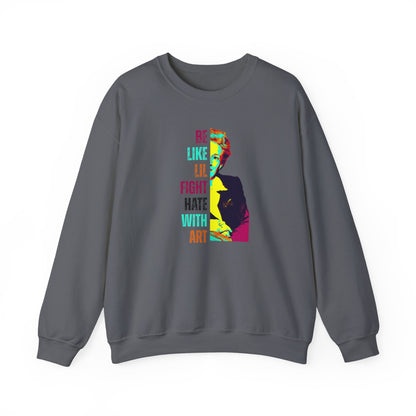 Gray sweatshirt with colorful graphic of Lillian Smith and text "be like lil, fight hate with art"