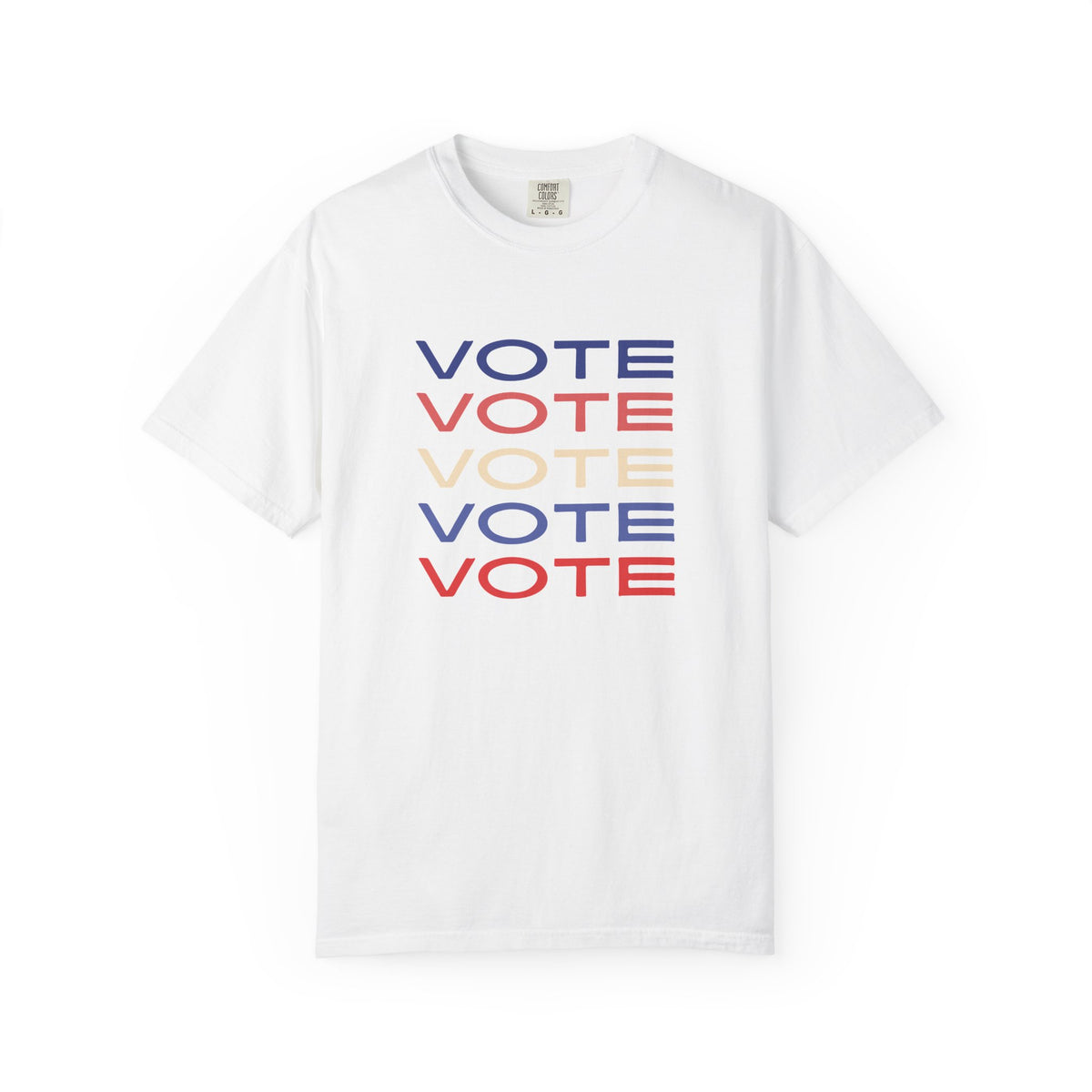 A white short-sleeve crewneck t-shirt featuring a stacked graphic print of the word 'VOTE' in blue, red, and beige, displayed on a clean white background.