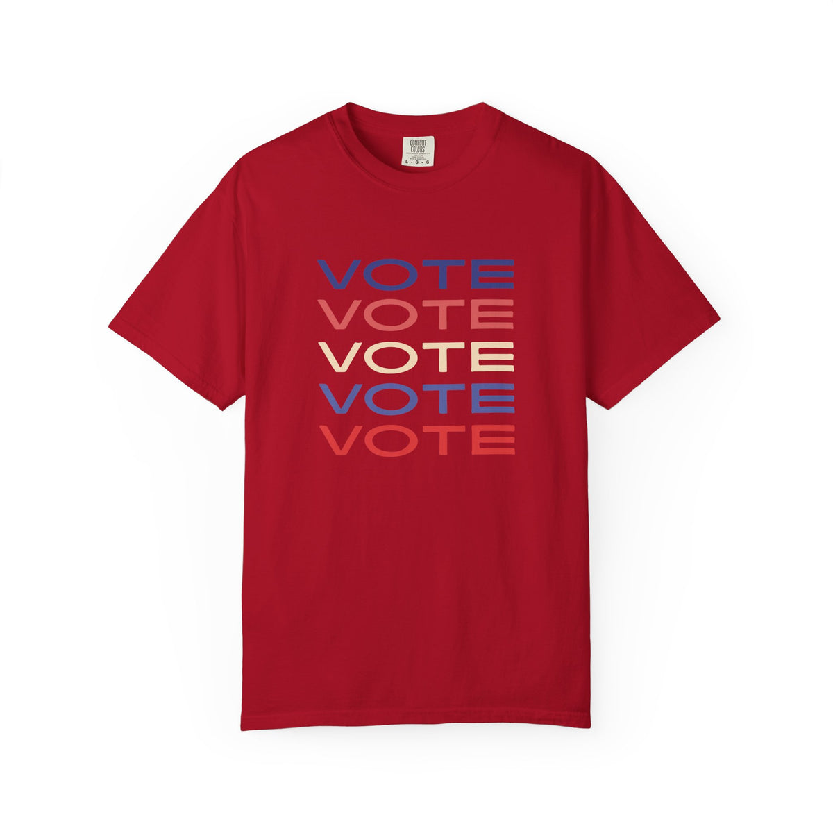 A red short-sleeve crewneck t-shirt featuring a stacked graphic print of the word 'VOTE' in blue, red, and beige, displayed on a clean white background.