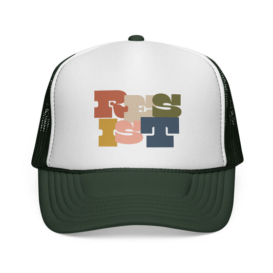 Dark green and white trucker hat with colorful "Resist" text 