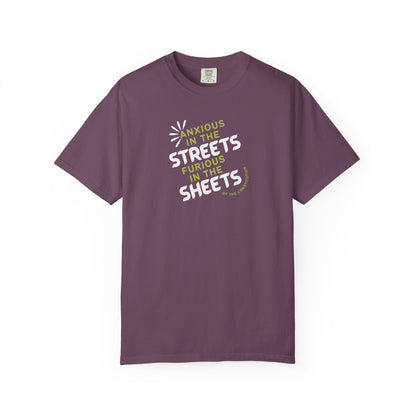 Berry t-shirt with white and lime green text "anxious in the streets furious in the sheets (of the constitution)"