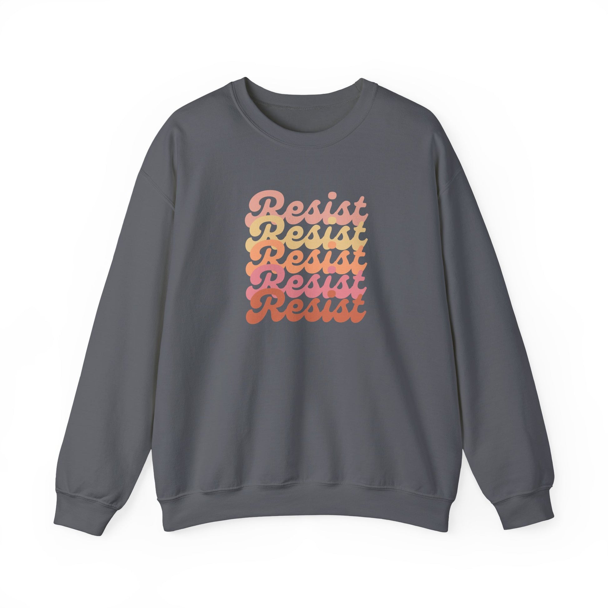 Gray unisex crewneck sweatshirt with 'Resist' printed in gradient colors 
