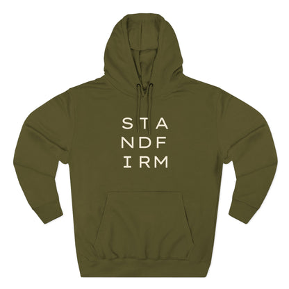 Green hoodie with 'STAND FIRM' cream text