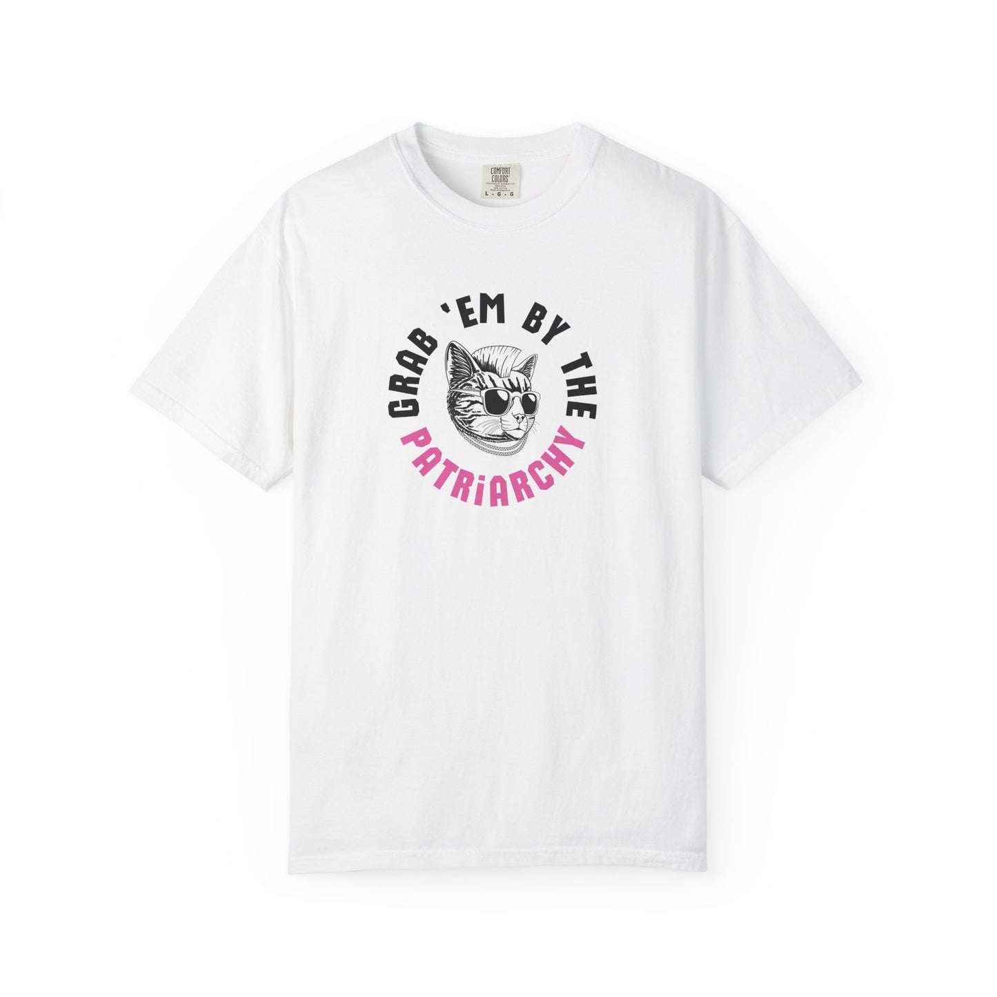 White t-shirt with punk rock cat graphic design and black and pink text "grab 'em by the patriarchy"