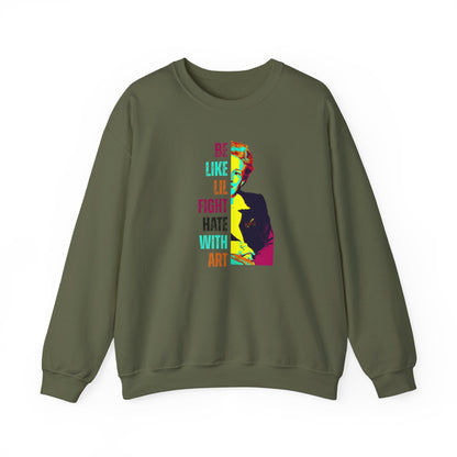 Military green sweatshirt with colorful graphic of Lillian Smith and text "be like lil, fight hate with art"