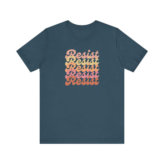 Blue t-shirt with 'Resist' in gradient colors in retro text