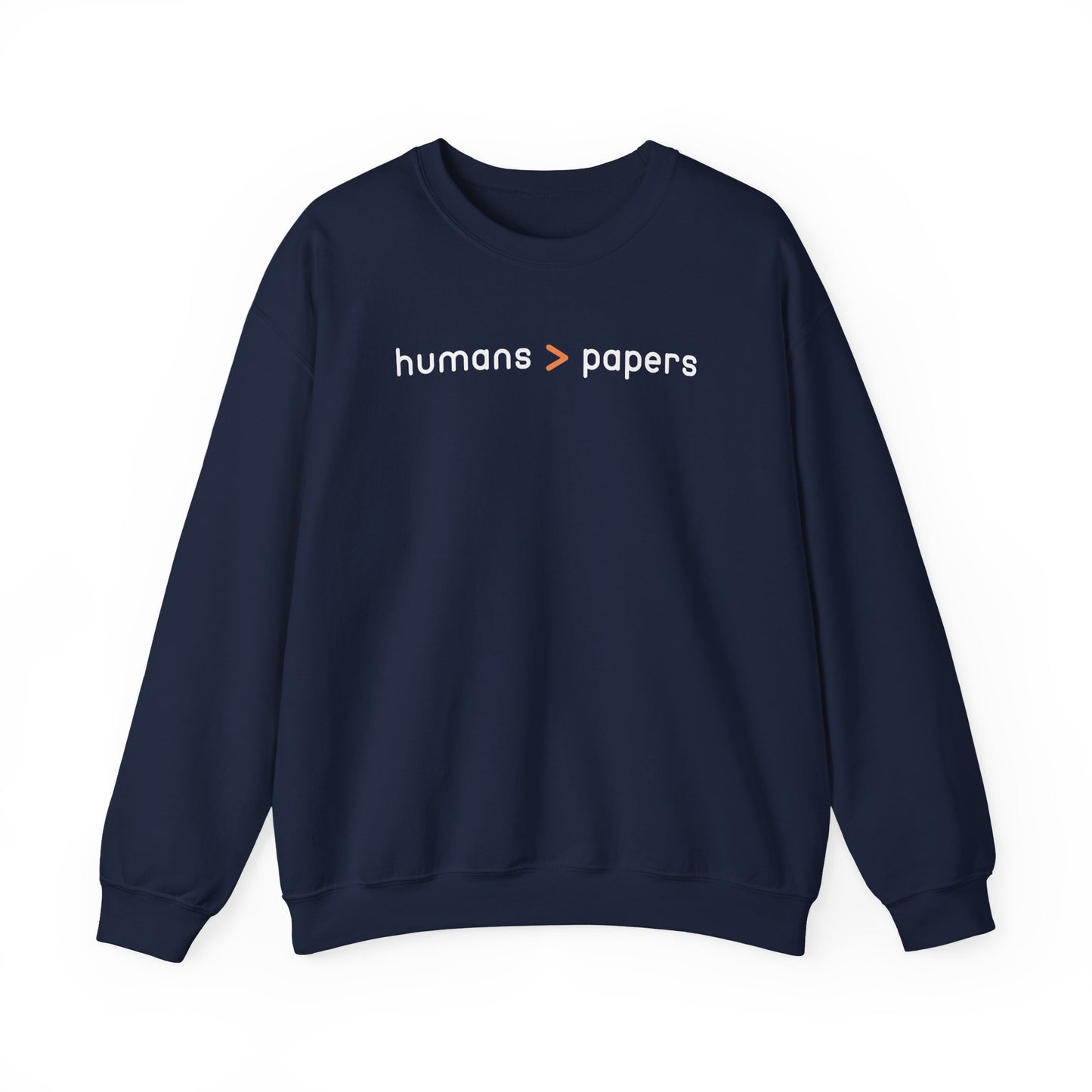 Navy blue unisex crewneck sweatshirt with 'humans > papers' white text