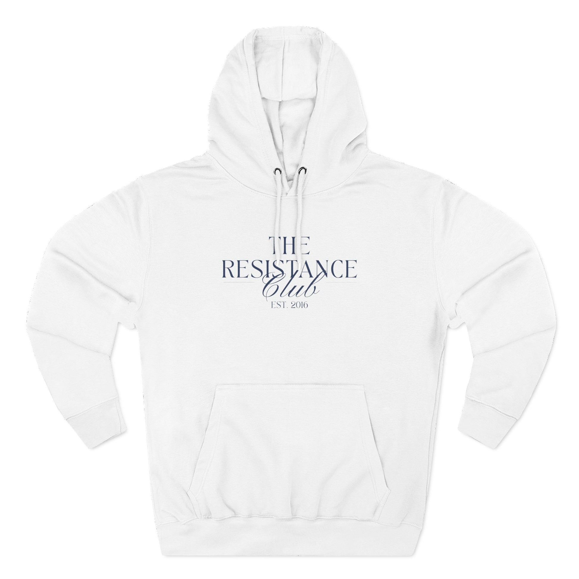 White hoodie with 'The Resistance Club est. 2016' navy blue text