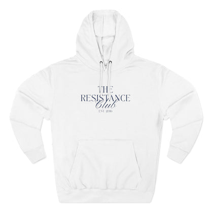 White hoodie with 'The Resistance Club est. 2016' navy blue text