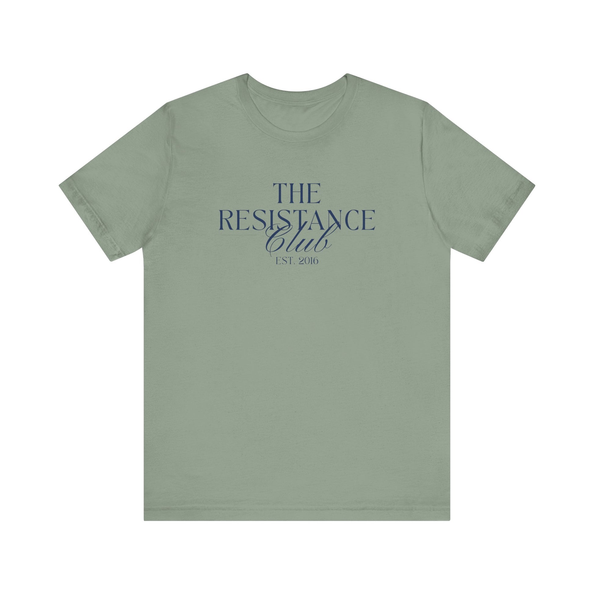 Sage green t-shirt with 'The Resistance Club' text in navy blue 