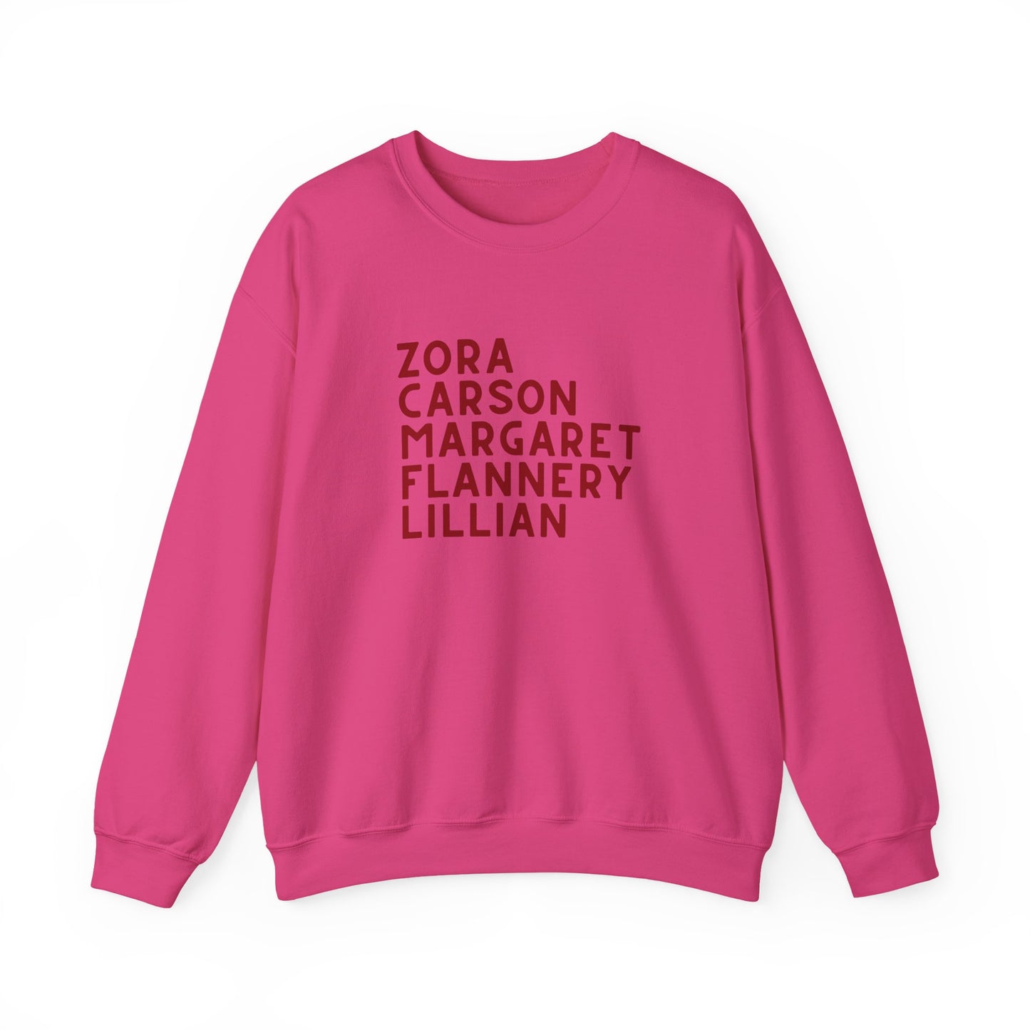 Hot pink sweatshirt with red text "Zora, Carson, Margaret, Flannery, Lillian"
