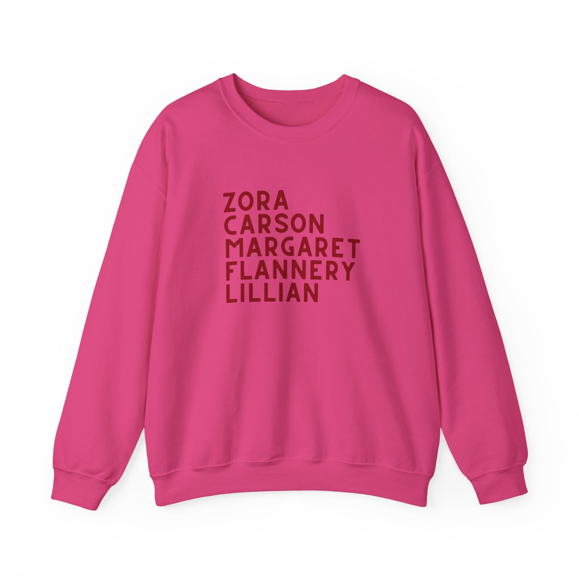 Hot pink sweatshirt with red text "Zora, Carson, Margaret, Flannery, Lillian"