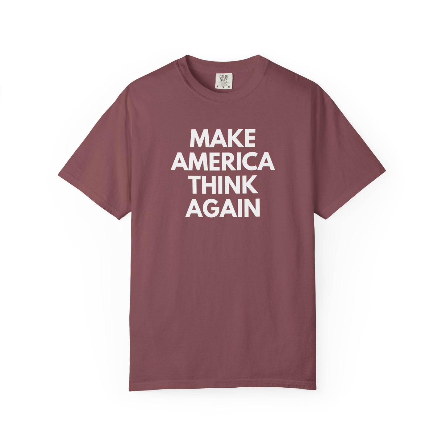 Mauve unisex Comfort Colors t-shirt with 'MAKE AMERICA THINK AGAIN' white text