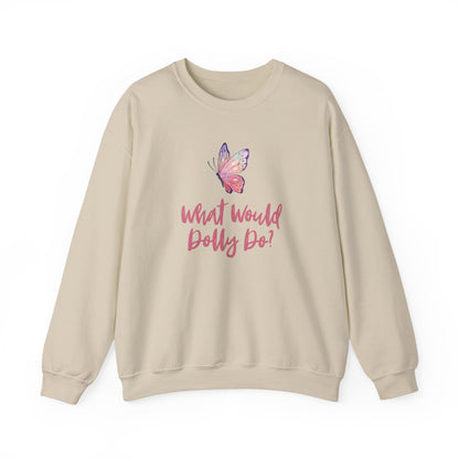 Tan sweatshirt with butterfly graphic and dark pink text "What Would Dolly Do?"