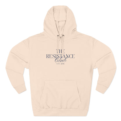 Light pink hoodie with 'The Resistance Club est. 2016' navy blue text