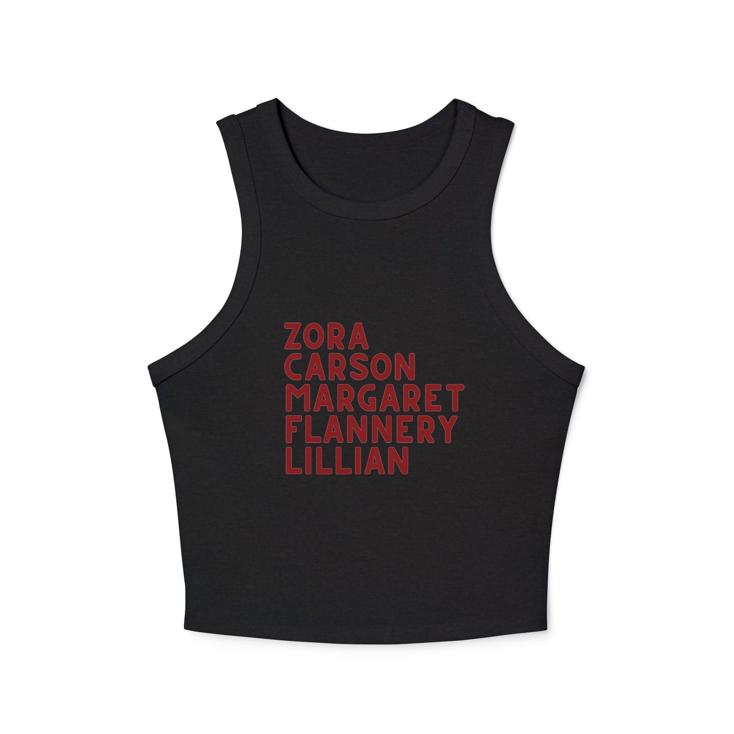 Black women's tank top with red text "Zora, Carson, Margaret, Flannery, Lillian"
