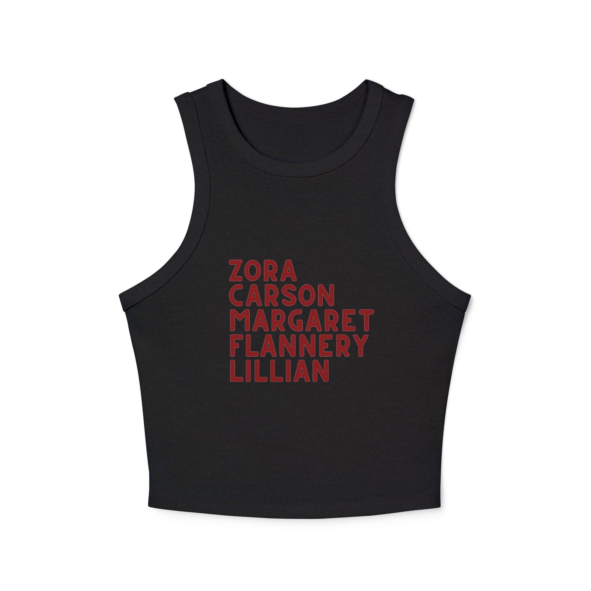 Black women's tank top with red text "Zora, Carson, Margaret, Flannery, Lillian"