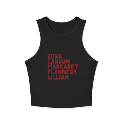 Black women's tank top with red text "Zora, Carson, Margaret, Flannery, Lillian"
