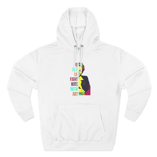 White hoodie with colorful graphic of Lillian Smith and text "be like lil, fight hate with art"