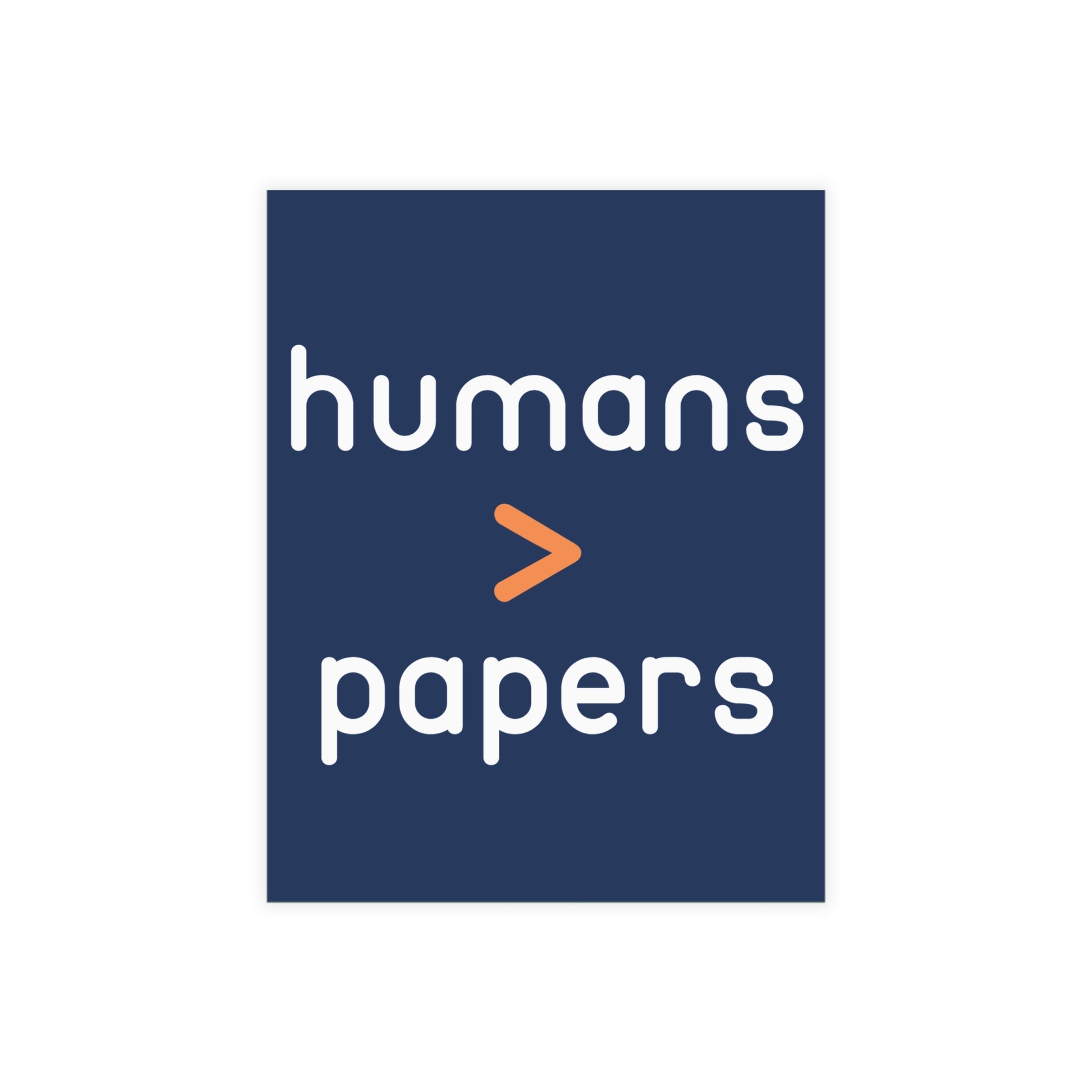 Navy blue postcard with 'humans > papers' white and orange text