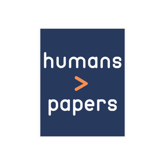 Navy blue postcard with 'humans > papers' white and orange text