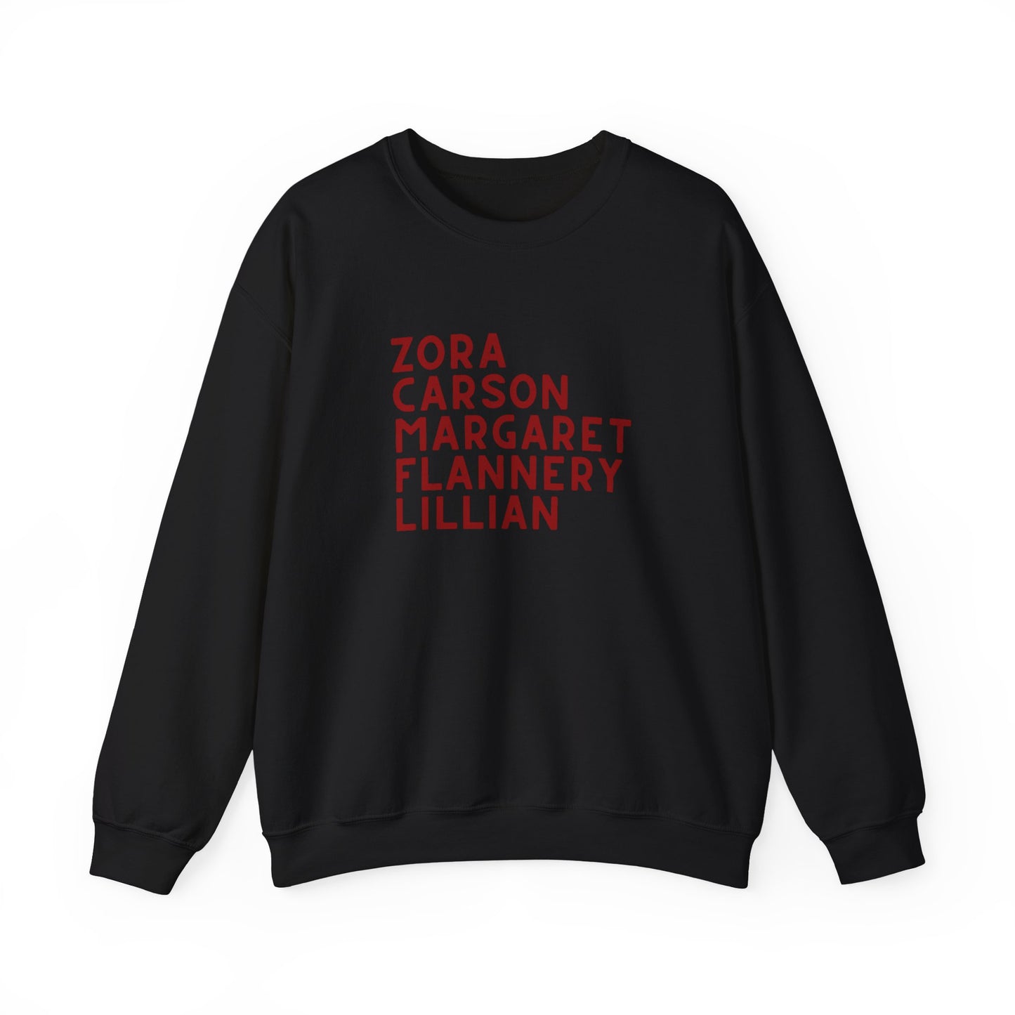 Black sweatshirt with red text "Zora, Carson, Margaret, Flannery, Lillian"