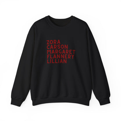 Black sweatshirt with red text "Zora, Carson, Margaret, Flannery, Lillian"