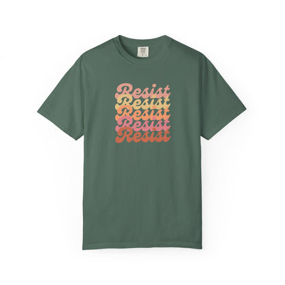 Green unisex t-shirt with 'Resist' text in a gradient of colors