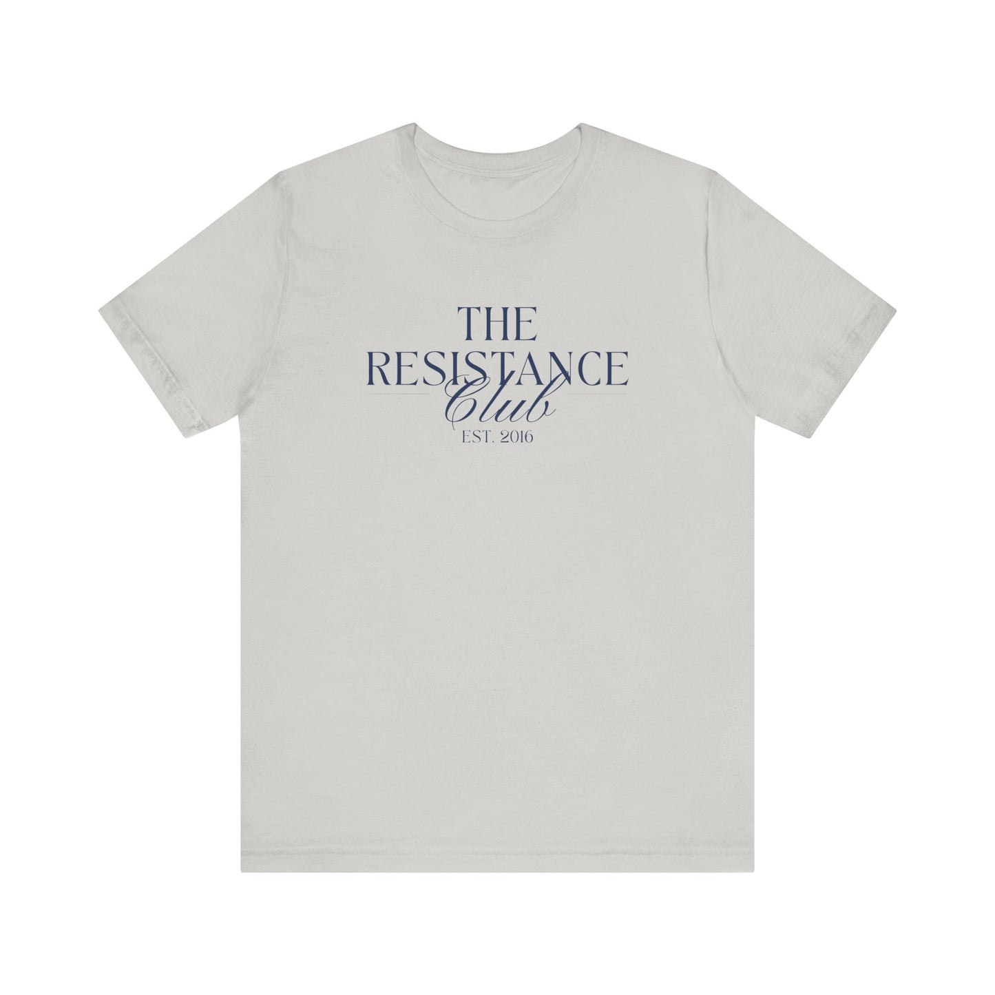 Light gray t-shirt with 'The Resistance Club' text in navy blue 
