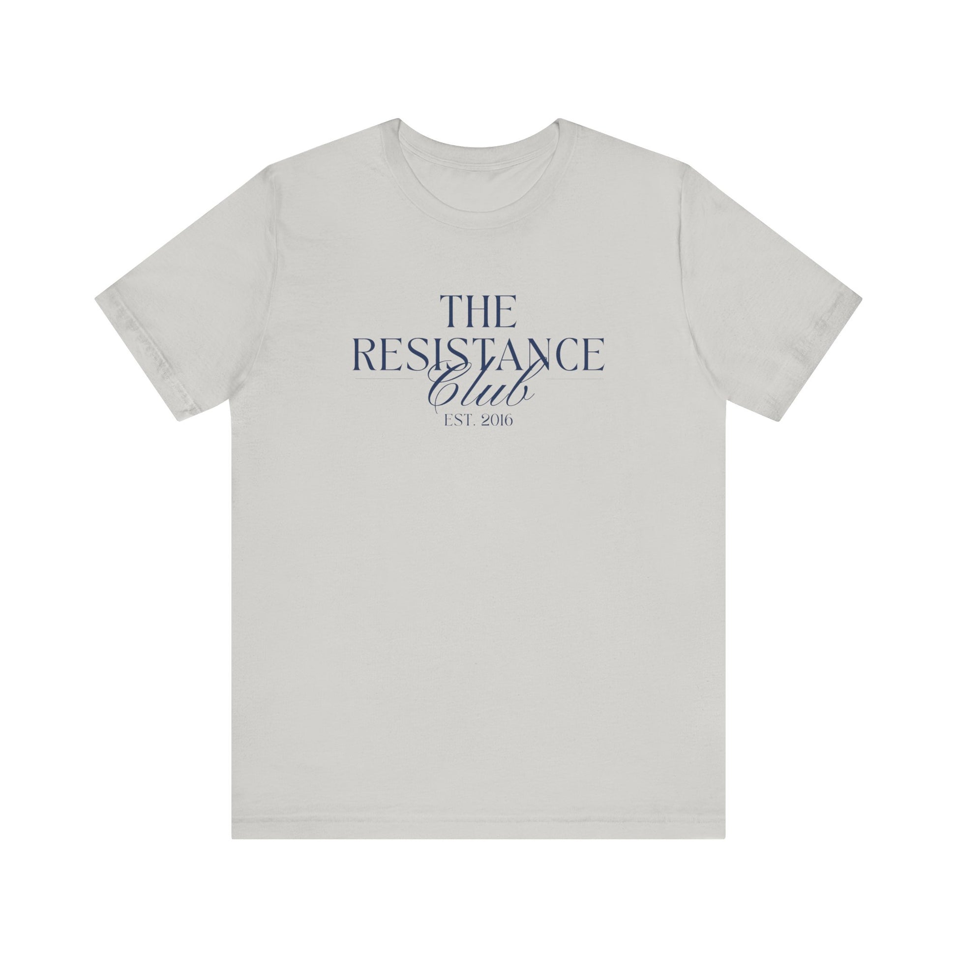 Light gray t-shirt with 'The Resistance Club' text in navy blue 
