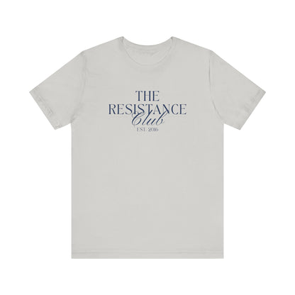 Light gray t-shirt with 'The Resistance Club' text in navy blue 
