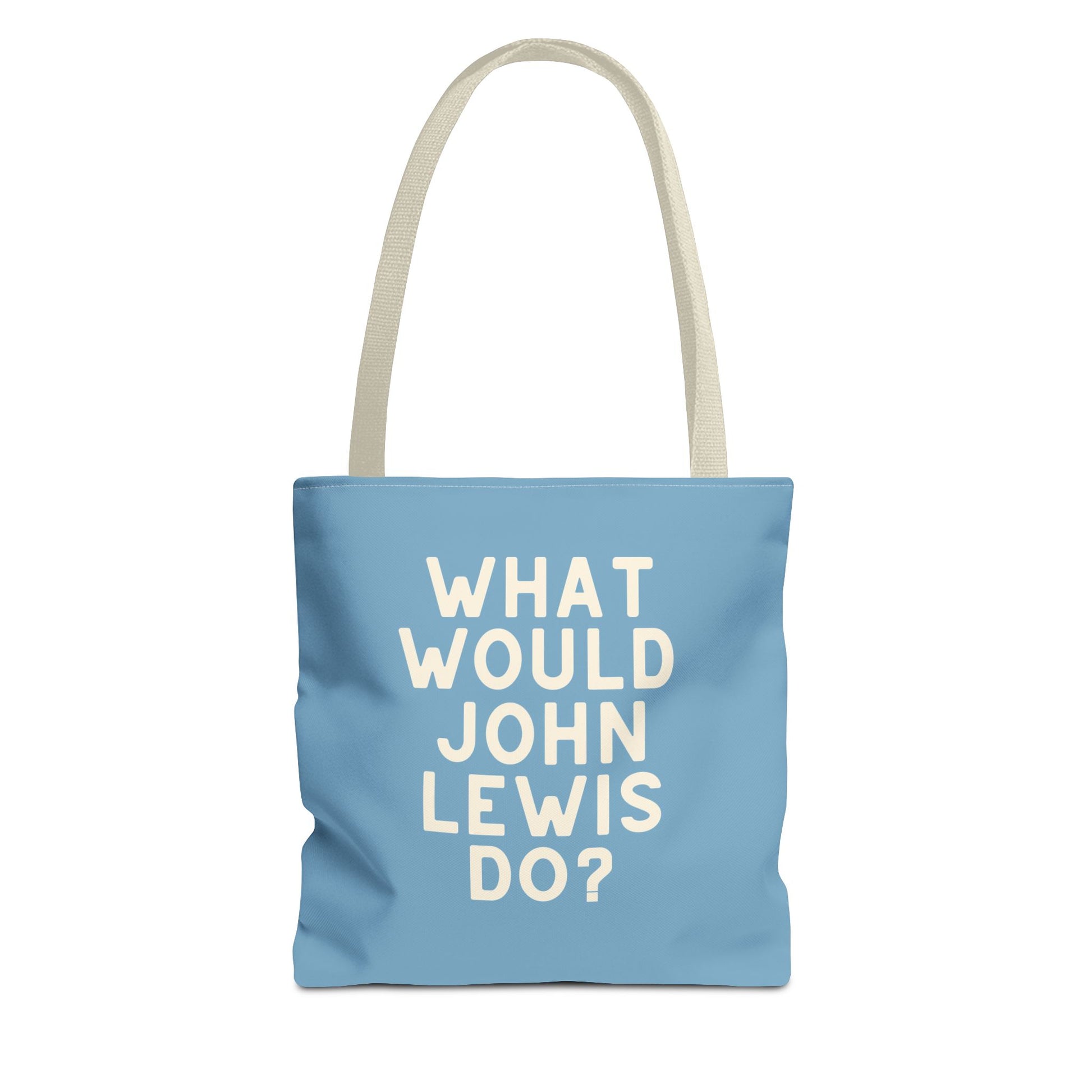 Blue tote bag with 'What Would John Lewis Do?' cream text