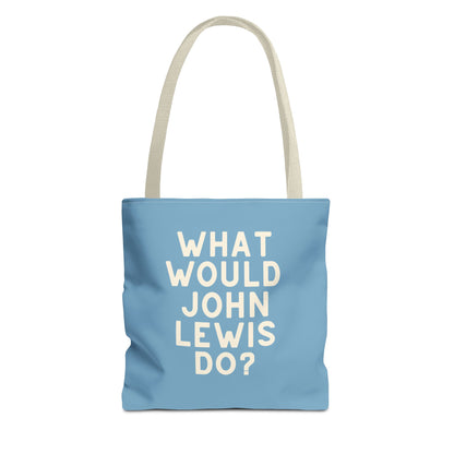 Blue tote bag with 'What Would John Lewis Do?' cream text