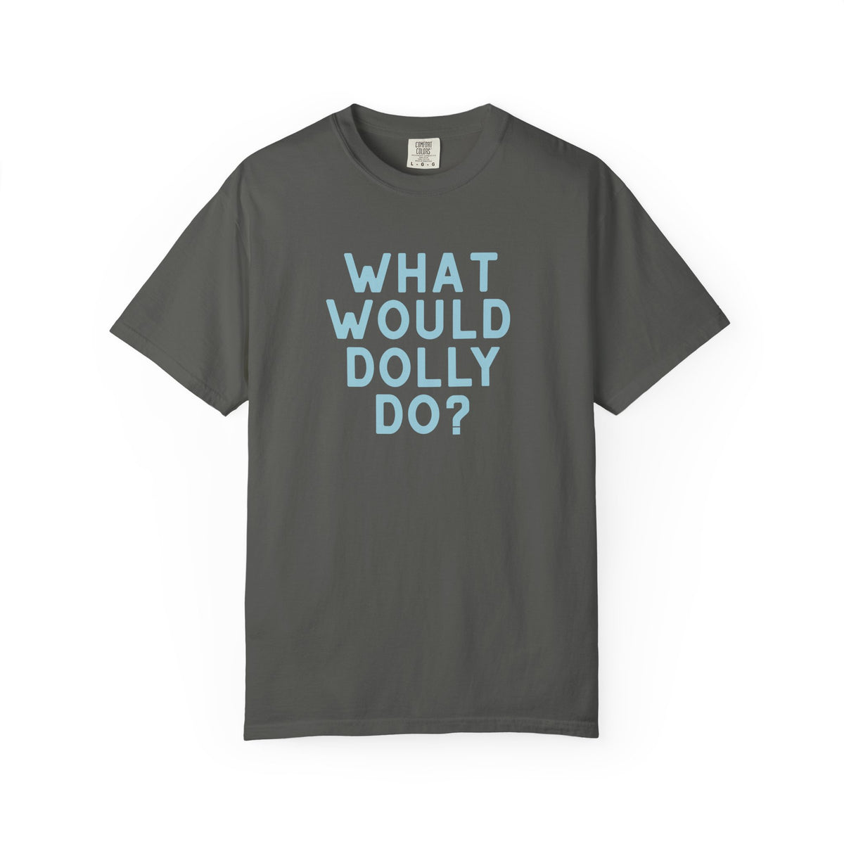 A dark gray short-sleeve crewneck t-shirt with the text 'WHAT WOULD DOLLY DO?' printed in a matching light blue font on the front, displayed against a clean white background.
