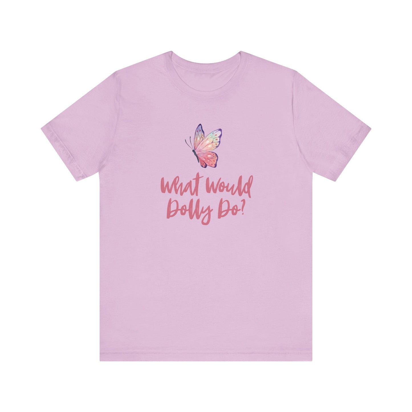 A light purple short-sleeve t-shirt with a graphic on the front featuring a pink and orange butterfly above the text 'What Would Dolly Do?' in pink script, displayed on a solid white background.