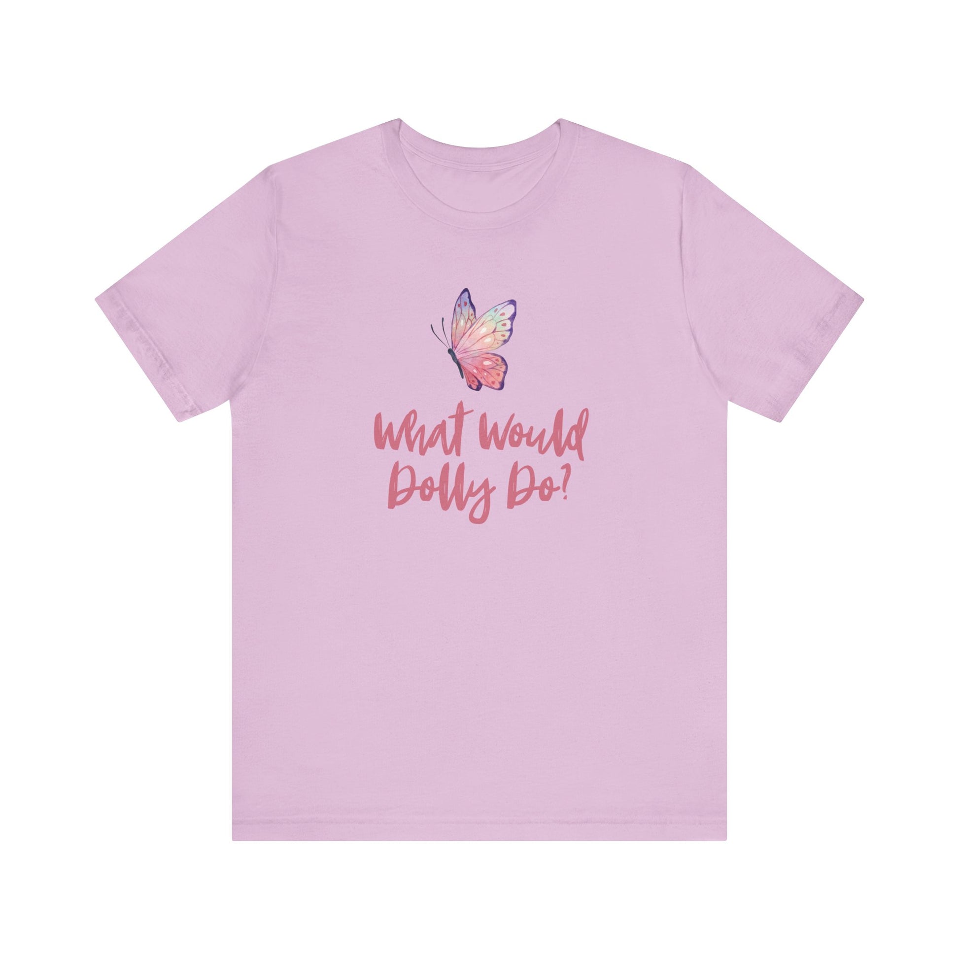 A light purple short-sleeve t-shirt with a graphic on the front featuring a pink and orange butterfly above the text 'What Would Dolly Do?' in pink script, displayed on a solid white background.