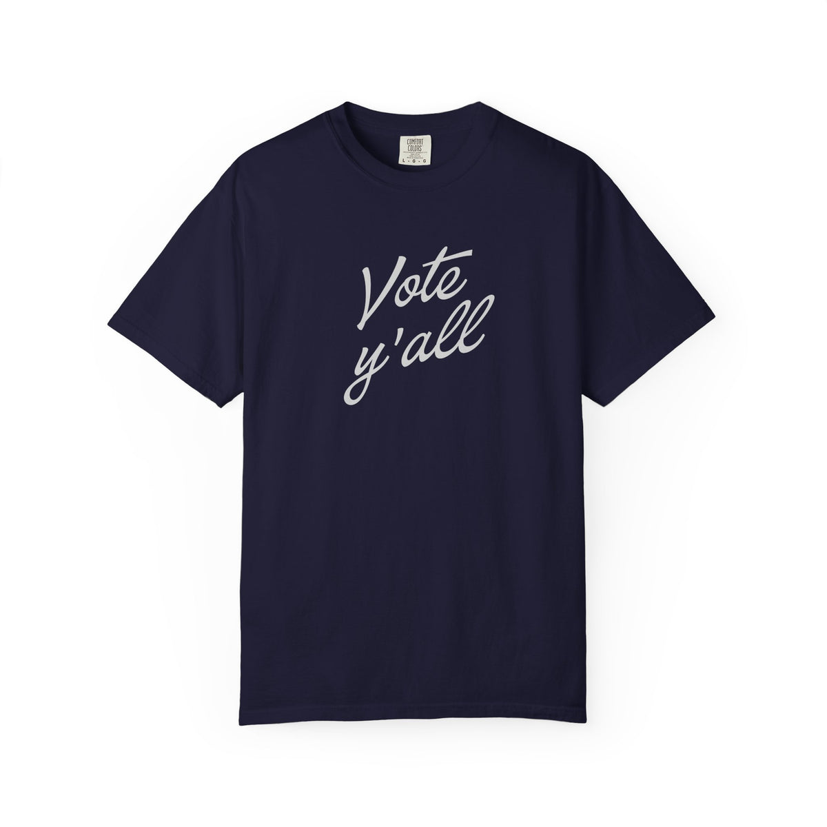 A short-sleeve crewneck t-shirt in a navy blue color, featuring the phrase 'Vote y'all' printed in gray cursive script across the chest, displayed on a clean white background.