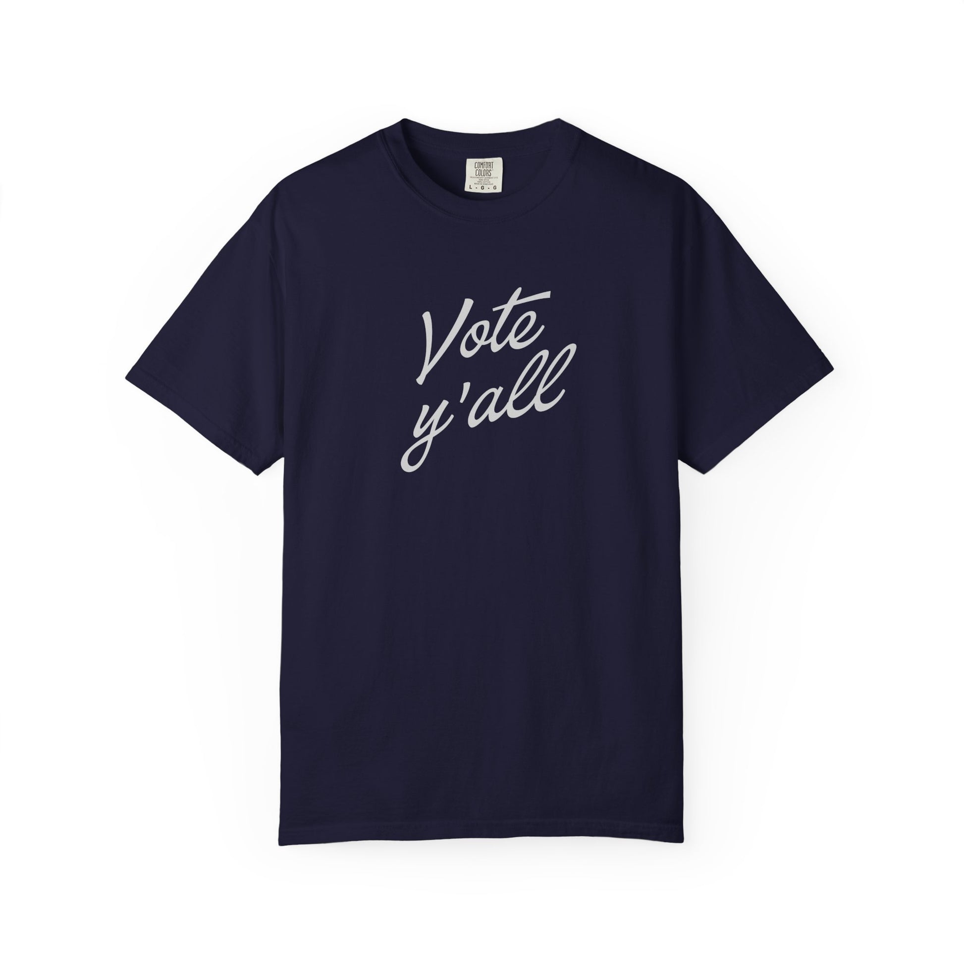 A short-sleeve crewneck t-shirt in a navy blue color, featuring the phrase 'Vote y'all' printed in gray cursive script across the chest, displayed on a clean white background.