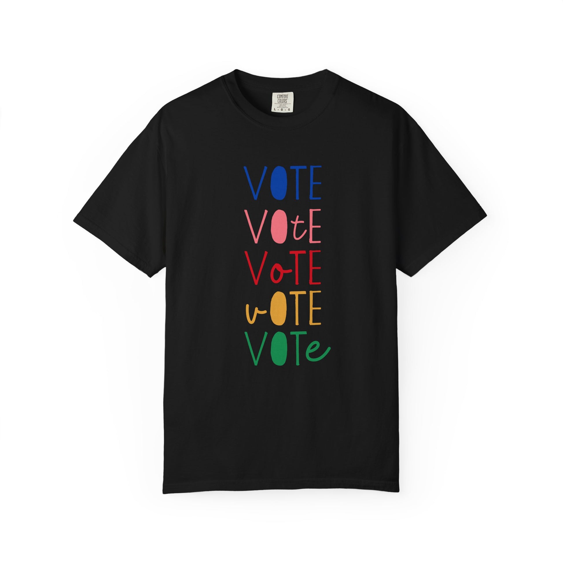 A black short-sleeve t-shirt with a vertical graphic spelling 'VOTE' in alternating blue, pink, red, yellow, and green colors, displayed on a clean white background.